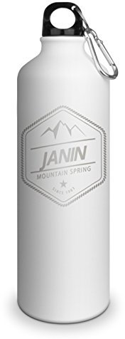 Trinkflasche mit Namen Janin - graviert mit Adventure Layout, Aluminiumflasche mit Gravur, Sportflasche - matt weiß