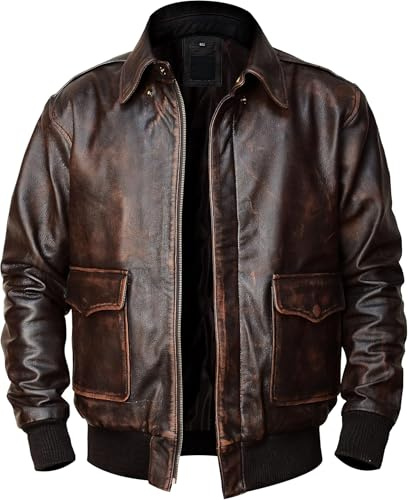 NM-Fashions Mens Brown Leather Air Force A2 Flight Jacket - World War II US Army Officer Pilot Cowhide Distressed Coat, Brown, Large