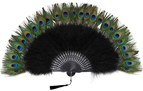 BABEYOND Pfau Feder Fächer Schwarz Feder Fächer 1920s Vintage Stil Retro Handfächer Damen Gatsby Kostüm Flapper Zubehör (Schwarzer Griff - Schwarz) | Damen Gatsby Kostüm Flapper Zubehör für Cocktail Hochzeit Party Halloween Fasching Karneval (Schwarz)