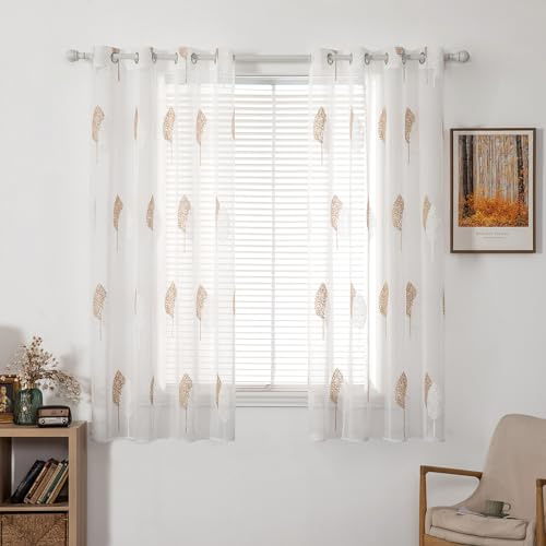 MIULEE Kurz Gardinen mit Braun und Weiss Blätter Muster 2er Set 140x145cm | Modern Stickerei Wohnzimmer Vorhänge Transparent mit ösen für Schlafzimmer Deko, Schöne Blätter Muster Vorhang Fenster