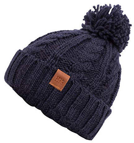 Rough Knit Beanie - Wintermütze, Strickmütze, Bommelmütze mit Leder Patch, Mütze für Herren & Damen (Manufaktur13/M13)
