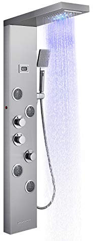 Duschpaneel mit Armatur und Temperaturanzeige, OUGOO Duschpaneele Komplett mit LED, Regendusche, Wasserfalldusche, 2 Modi Massagedüsen, Handbrause und Badewannenauslauf, 304 Edelstahl, Gebürstet