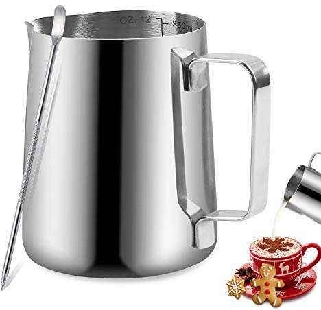 Bricco per Latte in Acciaio Inox, TechKen Brocca in Schiuma 350ml/600ml/900ml(12oz/20oz/32oz), per cappuccino barista espresso making (Argento 350ML/12OZ)
