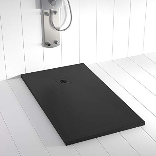 Plato de ducha resina PLES desagüe centrado color Negro 100x100 textura pizarra antideslizante rejilla del mismo color con válvula