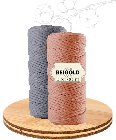 BEIGOLD® Premium Makramee Garn (3mm x 100m) - 2er Set Steingrau + Lachs