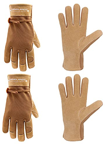 HLDD HANDLANDY Womens Leather Work Gloves, 2 Pairs Cowhide Gardening Gloves Breathable Utility Work Glove for Driver, Mechanics, Construction, Yardwork