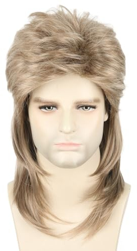 Topcosplay Perruque Homme des années 80 des années 70, Perruque nuque longue, Proll mulet Perruque Punk Blonde pour Carnaval Halloween (Brun Clair)