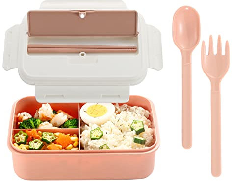 YAGGOOD Bento Box, Lunch Box for Kids Adults with 3 Compartment Lunch Boxes, Spoon Fork and Chopsticks,BPA Free, Microwave and Dishwasher Safe (Pink-White)