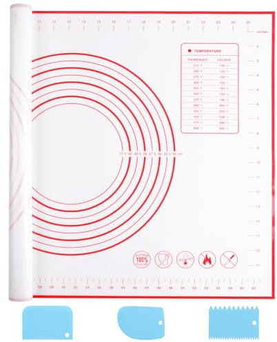 Miorkly Backmatte Silikon Groß 70x50cm, Silikonmatte Backen Rutschfeste, Antihaftbeschichtete Teigmatte Backunterlage mit Messung, Ausrollmatte für Fondant Gebäck Pizza, BPA Frei(Rot+3Pcs Schaber)