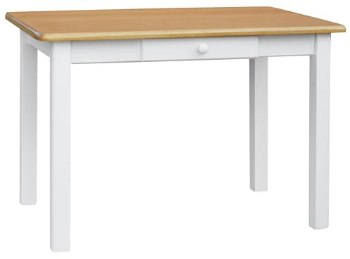 k koma Massiver Esstisch aus Kiefernholz – Weiß mit Tischplatte in Erle-Optik, mit Schublade – Ideal für Küche, Esszimmer oder Restaurant – NEU vom Hersteller (80 x 120)
