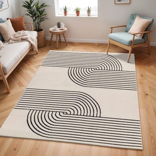 Livabliss Hialeah Wohnzimmer Teppich modern – Abstrakt Design in Marmor Optik für Wohnzimmer 152x213 cm, Esszimmer, Schlafzimmer - Marmor Teppiche groß, weicher Teppich Kurzflor in Elfenbein, Schwarz