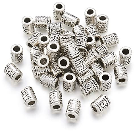 KISSITTY 50pcs Tibetan Style Antique Silver Column Spacer Beads Large Hole Metal Loose Beads Spacers 7mm Diameter with Hole 3.5mm for DIY Vintage Jewelry Making
