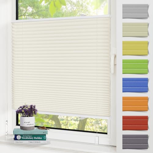 Zarnan Plissee Klemmfix ohne Bohren Creme 75x100cm(BXH) UV-Schutz Fenster Plissee innen Plisseerollos ohne Bohren Faltrollo mit Klemmträger easyfix Jalousie Sichtschutz und Sonnenschutz