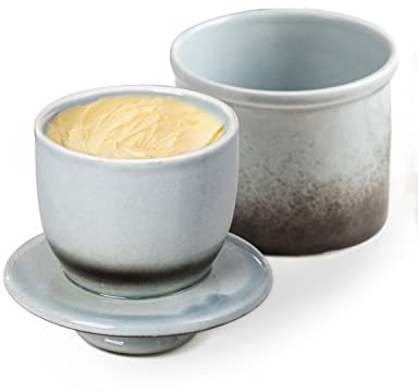 HOME DECOR Ceramic Butter Crock, French Butter Dish with Lid for Counter, Butter Keeper with Water Line for Fresh Spreadable Butter -Gradient Gray