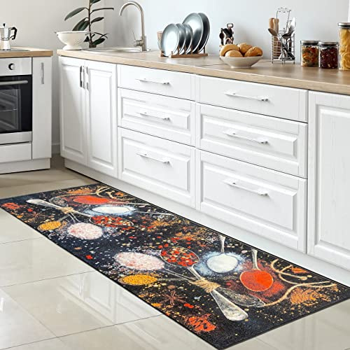 CARPETIA Küchenteppich Gewürzmotive Schwarz Bunt rutschfest 80x200 cm | Rutschfest, pflegeleicht, schmutzabweisend und strapazierfähig, OEKO-TEX geprüft, für Fußbodenheizung, Küche & Flur