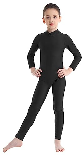 FEESHOW Kids Boys Girls Full Length Bodysuit Unitards Spandex Zentai Costumes Gymnastics Leotard Black 13-14 Years
