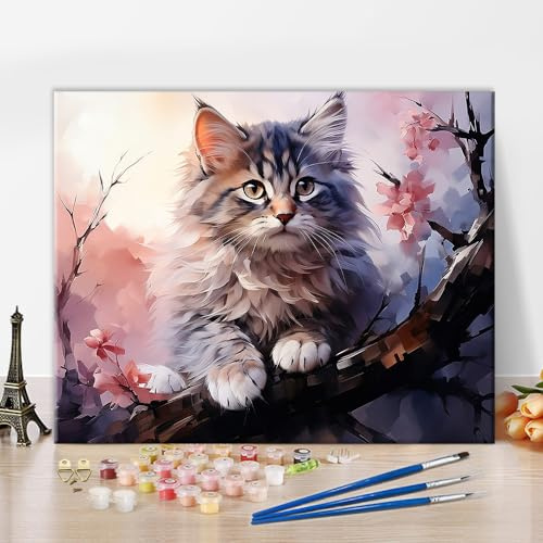 TISHIRON Söt katt målning efter siffror vuxna djur oljemålning med pensel och akrylpigment träd måla med siffror kit på duk hantverk 40 cm x 50 cm (ramlös)