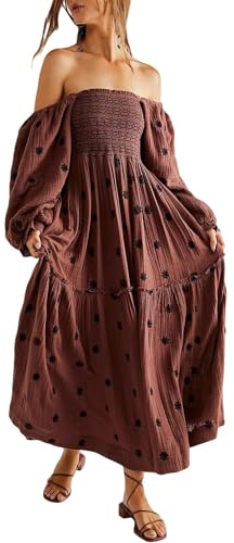 ABYOVRT Women Floral Embroidered Maxi Dress Long Puff Sleeve Square Neck Bohemian Flowy Dress with Pockets Summer Fall (Dark Brown,S)