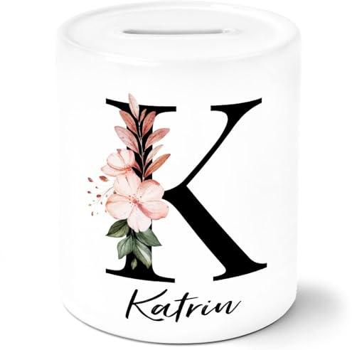 SpecialMe® Spardose für Kinder personalisiert mit Namen und Monogramm Geschenk Mädchen Keramik Uni weiß Spardose