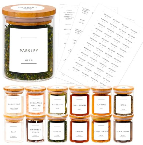 Fix Space 12pcs Bamboo Glass Spice Jars Set - 200ml Airtight Glass Jars With Bamboo Lids - Spice Jars With Lids And Labels Waterproof Labels For Herbs, Spices & Seasoning (200ml/12pcs)