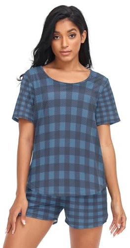 HMZXZ Damen Schlafanzug-Set Blau Farbeot Plaid Sommer Pyjama Woman Set, Überprüfen Loungewear und Shorts Lounge Set Sleepwear Nachtwäsche