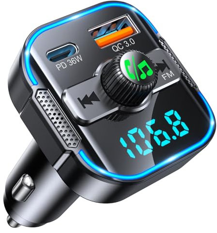 Glangeh 2025 Newest Bluetooth 5.3 Car Adapter【PD 36W+QC3.0 18W】, 2-in-1 Bluetooth FM Transmitter 【Dual Stronger Mics】& Fast Car Charger, Wireless Car Radio Input Adapter Hands-Free Kit, Siri Assistant
