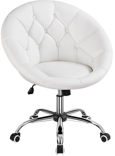 Yaheetech Schreibtischstuhl Schminktisch Stuhl, Homeoffice Stuhl, Bürostuhl, höhenverstellbar Bürosessel mit Getuftetem Sitz, Runder Drehstuhl mit Rollen, Arbeitsstuhl aus Kunstleder, Weiß