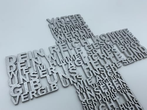 Vater unser Gebet aus Holz Kreuz geschnitten Geschenk Taufe Konfirmation Kommunion Wandschmuck Wandkreuz 28cm x 21cm Deutsch (Silber)