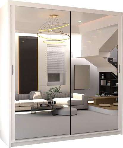 FURNITUREWAVE Full Length Sliding Wardrobe Adjustable Shelves Wardrobe Storage Organiser in 6 Colors, Mirrored Wardrobes for Bedroom Modern Double Door Wardrobes (White 100cm)