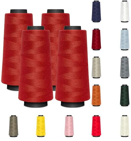 4 KONEN - Nähmit - Overlock Thread Sewing Thread 1500 Metres Each - 100% Polyester Yarn for Overlock Coverlock & Cover Stitch Sewing Machines - Thread Thickness 40/2 (120) (A09-820-Red)