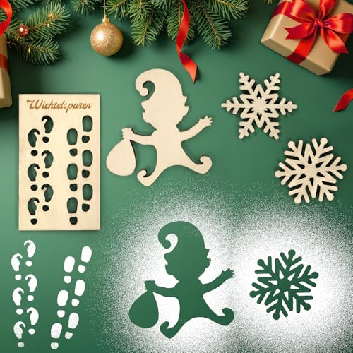 Wichtel Zubehör Weihnachten, Wichtel Schablone Holz, Kreativset Wichtel Fußabdrücke Schneeflocke Schablone, Miniatur Wichteltür Zubehör Wichtelspuren, Weihnachtsdekoration 4pcs