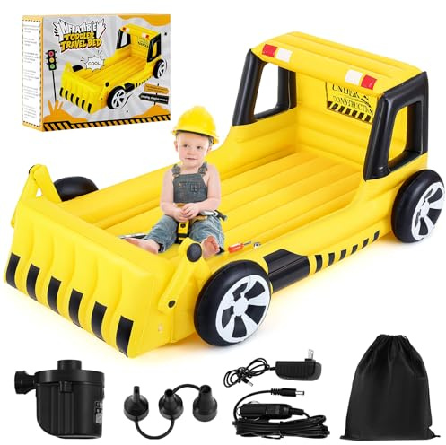 Relaxgiant Yellow Excavator Inflatable Kids Bed, Toddler Travel Bed with Safety Bumper and Air Mattress Portable Air Mattress with Pump for Kids Vacation Hotel Home Sleepover Birthday Gift