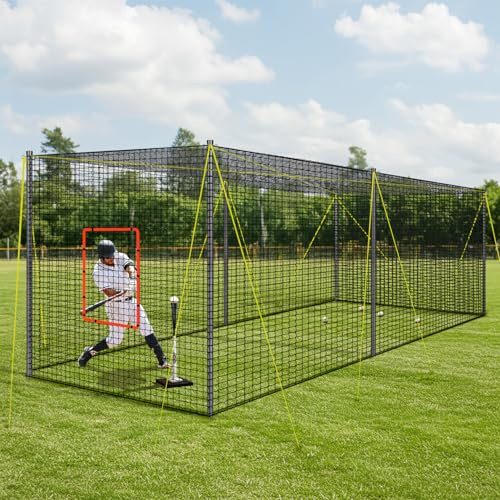 PLAYAPUT Jaula de bateo de 30 x 12 x 8 pies para béisbol y sóftbol con agujero para máquina de lanzamiento, puerta desmontable, objetivo y cuerdas guía, jaulas de bateo portátiles para patio trasero