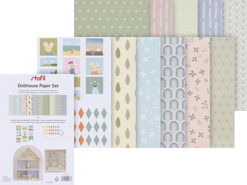 Stafil Puppenhaus-Papierset 10 Bogen DIN A4 Plus 1 Bogen Fahnen Bilder 25 Motive Papier Scrapbooking Grußkarten Geschenkverpackung