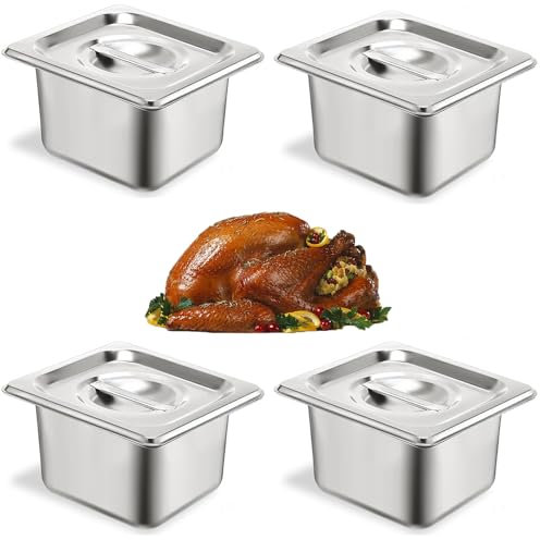 ORFCP Lot de 4 récipients en acier inoxydable 1/6 avec couvercle, Récipients de conservation au chaud, récipient gastronorme alimentaire en inoxydable, résistant à la chaleur, 17,5 x 16,2 x 10 cm