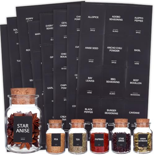 SOFPLATE Etiquetas Adhesivas Negras de 480 pulgadas para Frascos de Especias, Preimpresas, Impermeables, Rectangulares, Resistentes Al Aceite, para Cocina, Despensa, Hogar, Lavandería, Baño, Suministr