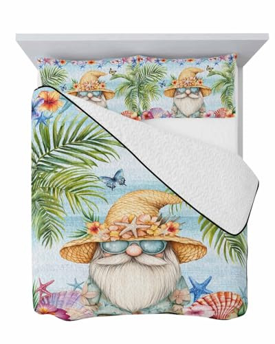 Quilt Set King, Summer Coastal Dwarf Palm Tree Summer Bedding Sets Lightweight Soft Microfiber Bedspread Coverlet Set, Blue Ocean Starfish 3 Pieces Comforter Bedding Set(1 Quilt, 2 Pillow Shams)