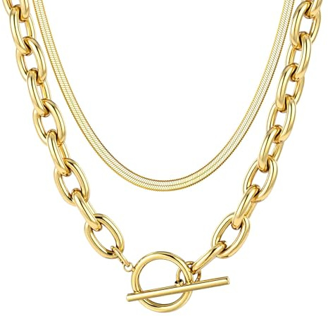 RIXERKOC Layered Chunky guldhalsband för kvinnor tjockt lager fiskben paperclip kedja halsband 18K förgyllt stapel vristlås halsband för kvinnor män, One Size, Rostfritt stål, Ingen ädelsten