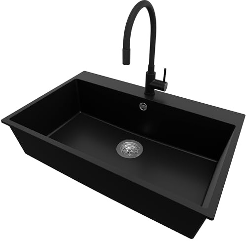 PRIMAGRAN Lavandino da Cucina Nero 78x50cm, Lavello in Granito a 1 vasca + Rubinetto 40x38cm + Sifone Classico, Lavabo Incasso al mobile 80cm - Riga S239