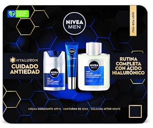 NIVEA MEN Pack Rutina Antiedad Hyaluron - Crema de Día Antiedad SPF15 50ml + Cortorno de Ojos Hyaluron 15 ml + Bálsamo After Shave Antiedad 100ml - Pack Antiedad