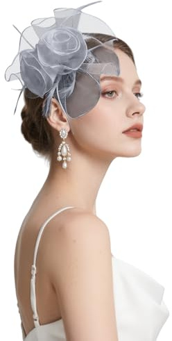 HDFHDF 1 PCS Fascinators for Women Organza Hat Headpiece Retro Mesh Feather Hair Accessory Bridal Flowers Evening、Dance、Cocktail Party Grey