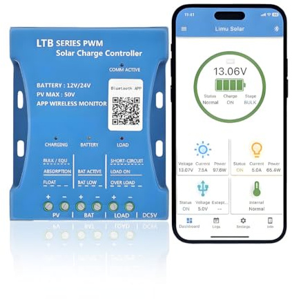 【20A Bluetooth Laderegler Solar 12V】Y&H Solar Laderegler 12V/24V Solar Ladegerät Controller Solarpanel Intelligente Solarladeregler PWMs mit USB Port PV:50V für Blei Säure, LiFePO4,Lithium Batterien