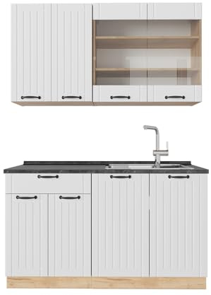 Vicco Singleküche Fame-Line, Weiß Landhaus, 140 cm | 4 Module · Höhenverstellbare Füße · AP Anthrazit inkl. · MDF-Fronten · Softclose · Metallgriffe