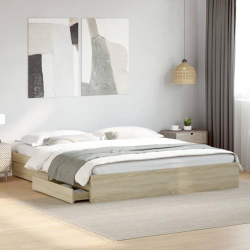 Emmtore Bettgestell mit Schubladen für Schlafzimmer, Bettrahmen mit Lattenrost, Schlafzimmerbett Sonoma-Eiche 180x200cm Holzwerkstoff