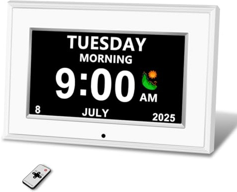 MYFMLI Digital Alarm Clock for Seniors - No-Abbreviation Date HD Display Auto Dimming Photo FrameWhite Noise DST Adjustment, for Elders(7inch White)