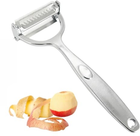 Pelador de Verduras y Frutas Profesional con 2 Cuchillas de Acero Inoxidable (Lisa y Dentada), para Pelar y Cortar en Juliana Patatas, Zanahorias, Tomates, Mango Ergonómico Antideslizante