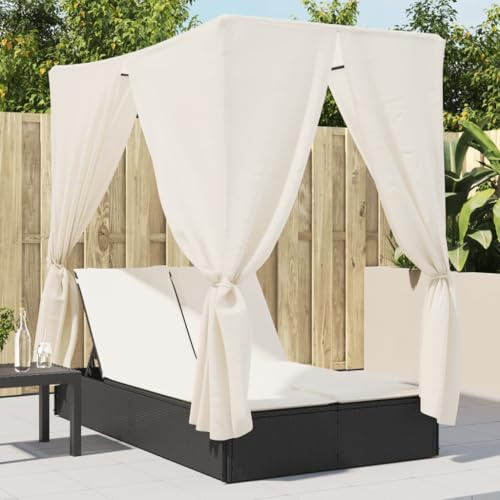Frdhee Gartenstuhl Hochlehner Kippliege,Doppel-Sonnenliege mit Dach und Vorhängen Schwarz Poly-Rattan,Lesestuhl für Strand,Garten,Pool