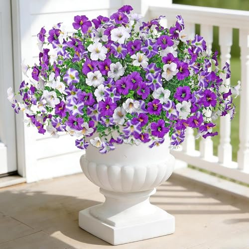 Weldomcor 12 Bündel Kunstblumen, Künstliche Blumen Outdoor UV-Beständig Wetterfest Petunien mit Eukalyptus, Blumenstrauß Künstlich für Innen Balkon Deko Garten Vordertür Pflanzkübel (Lila Weiß)