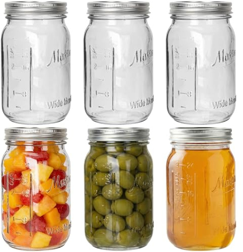 32 oz Wide Mouth Mason Jar with Airtight Lids, 6 Pack Glass Canning Jars | 1000ml Glass Jar for Meal Prep,Pickling,Overnight Oats,Jam,Food Storage
