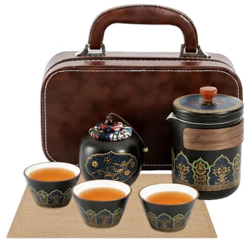 Juego de té japonés, 24,5 × 13 × 9,5 cm, tetera china, juego de té de viaje, juego de té con bolsa de transporte segura para exteriores y viajes, 5 piezas, bolsa negra y marrón, cerámica de alta
